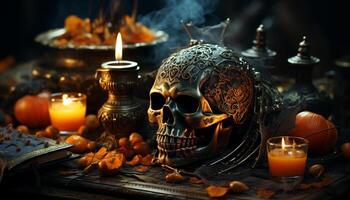 AI generated Spooky Halloween night pumpkin, candle, ghost, spider, autumn celebration generated by AI photo