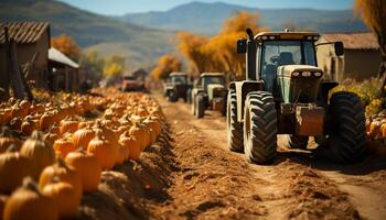 AI generated Agricultural machinery working in the autumn, harvesting ripe pumpkins generated by AI photo