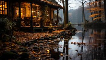 AI generated Autumn forest, tranquil pond, old cottage, spooky window, rustic hut generated by AI photo