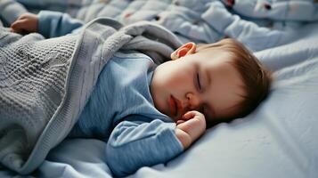 ai generado pequeño niño dormido en cama. generativo ai. foto