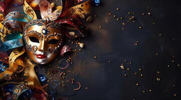 AI generated Traditional carnival masks on dark background, top view. photo