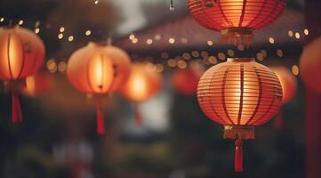ai generado chino linternas a el templo en el noche. bokeh antecedentes. foto