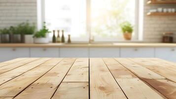 ai generado soleado moderno cocina con vacío de madera mesa. generativo ai. foto