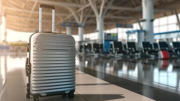 AI generated Modern Suitcase Sitting on Airport Floor. Generative AI. photo