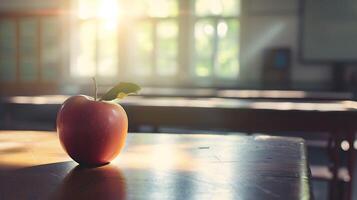 AI generated Apple on Wooden Table. Generative AI. photo