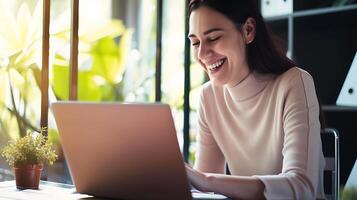 AI generated Smiling Woman Working on Laptop Computer. Generative AI. photo