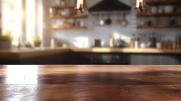 AI generated Close Up of Wooden Table in Kitchen. Generative AI. photo