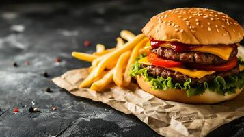 AI generated Hamburger and Fries on Wax Paper. Generative AI. photo