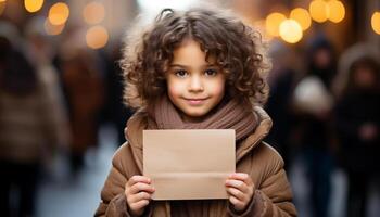 AI generated A cute child holding a gift, smiling with joy generated by AI photo