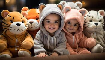 ai generado linda niños jugando, sonriente, mirando a cámara, alegre y alegre generado por ai foto