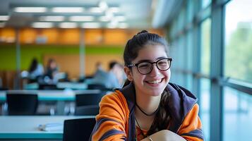 ai generado joven niña sentado a mesa con ordenador portátil computadora. generativo ai. foto