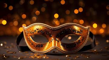 AI generated Carnival mask with golden confetti on bokeh background. photo