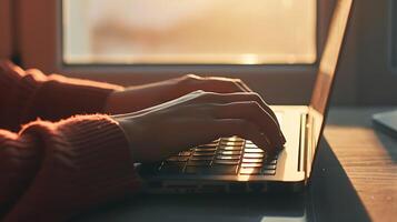 AI generated Person Typing on Laptop on Desk. Generative AI. photo