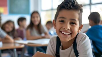 AI generated Young Boy Smiling in Front of Classroom. Generative AI. photo