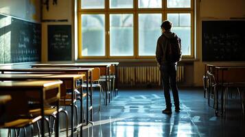 ai generado un hombre en pie en frente de un vacío aula. generativo ai. foto