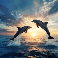 ai generado dos delfines saltando fuera de el agua a puesta de sol. generativo ai. foto