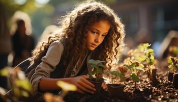 ai generado uno mujer sonriente, participación flor maceta, plantando planta de semillero al aire libre generado por ai foto