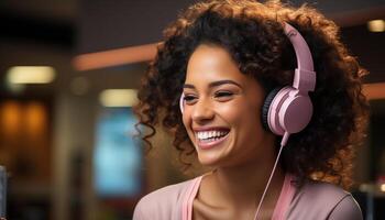 AI generated Young woman enjoying music with wireless headphones, smiling and relaxed generated by AI photo