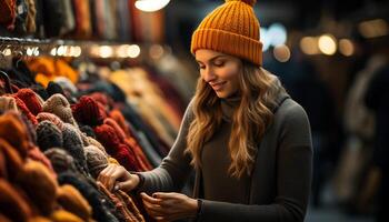 AI generated Young woman smiling, buying warm winter clothing in a store generated by AI photo