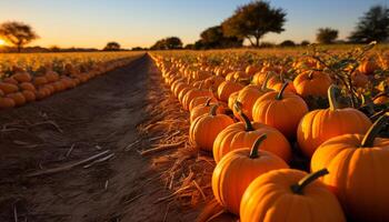 ai generado cosecha calabaza, otoño celebracion, vibrante colores en un fila generado por ai foto