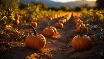 AI generated Autumn harvest pumpkin, gourd, and squash decorate Halloween night generated by AI photo