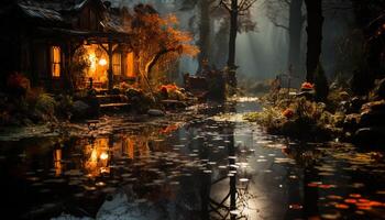 AI generated Spooky autumn night dark forest, wet pond, illuminated lantern generated by AI photo