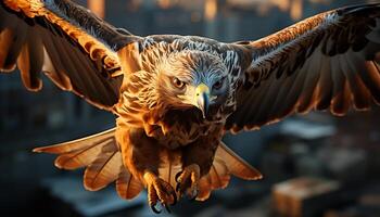 AI generated Bird of prey soaring in the sunset, spreading majestic wings generated by AI photo