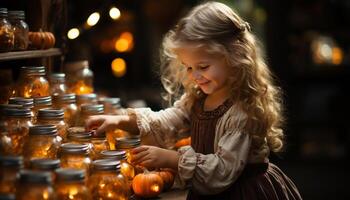 AI generated Smiling girls celebrate Halloween, holding pumpkin lanterns with joy generated by AI photo