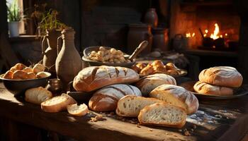 AI generated Freshly baked homemade bread on rustic wooden table, a gourmet delight generated by AI photo