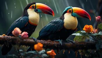 ai generado un vibrante tucán encaramado en un rama en el selva generado por ai foto