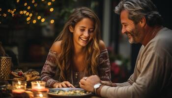 ai generado dos adultos sentado a un mesa, sonriente y unión generado por ai foto