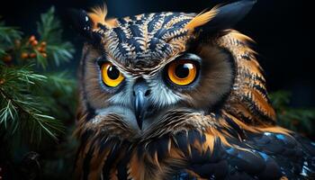 AI generated Great horned owl, perched on branch, staring into camera generated by AI photo