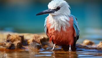 AI generated A cute seagull perching on the sand, looking at the fish generated by AI photo