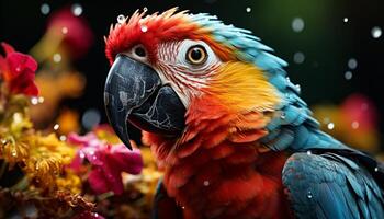 AI generated Vibrant blue and yellow macaw perched in tropical rainforest generated by AI photo