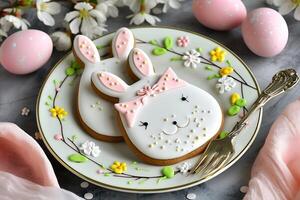 AI generated Plate of Decorated Cookies With Bunny Ears. Generative AI. photo