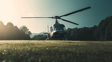 ai generado helicóptero estacionado en césped. generativo ai. foto