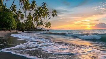 ai generado playa con palma arboles y ondas. generativo ai. foto