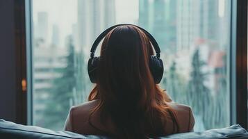 ai generado mujer escuchando a música mediante auriculares por ventana. generativo ai. foto