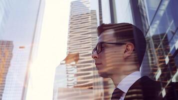 AI generated A Man in a Suit and Tie Standing in Front of a Tall Building. Generative AI. photo