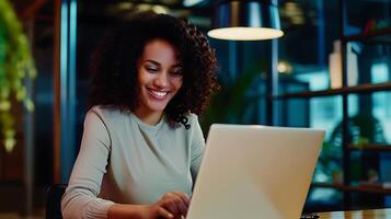 AI generated Smiling Woman Working on Laptop Computer. Generative AI. photo