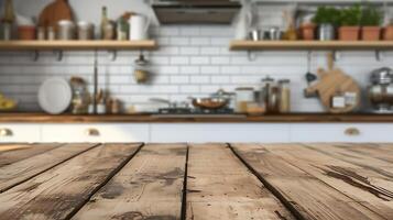 AI generated Wooden Table Top in Front of Kitchen. Generative AI. photo