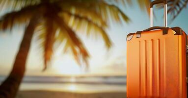AI generated Orange Suitcase on Beach Next to Palm Tree. Generative AI. photo