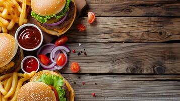 ai generado delicioso hamburguesas y papas fritas con salsa de tomate en de madera mesa. generativo ai. foto