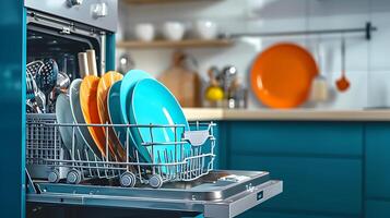 ai generado lavavajillas lleno con platos en un cocina. generativo ai. foto