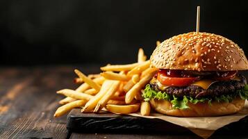 AI generated Delicious Hamburger and Fries on Wooden Table. Generative AI. photo