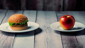 AI generated Hamburger and Apple on Two Plates. Generative AI. photo