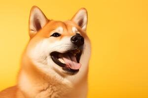 ai generado retrato de un contento shiba inu perro en amarillo antecedentes. foto