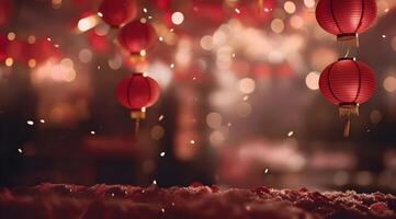 ai generado chino nuevo año antecedentes con rojo linternas y bokeh luces. foto