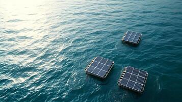 AI generated Three Floating Solar Panels in the Ocean. Generative AI. photo