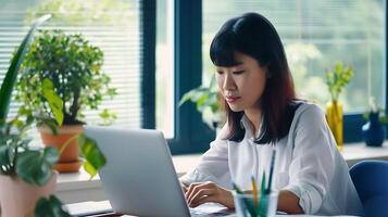 AI generated Woman Using Laptop at Table. Generative AI. photo